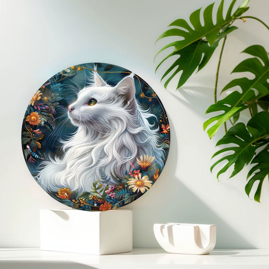 Potdemiel Rundes Aluminiumschild mit weißer Katze im Vintage-Stil, Wandkunst aus Metall, Durchmesser: 20 cm - Bild 4
