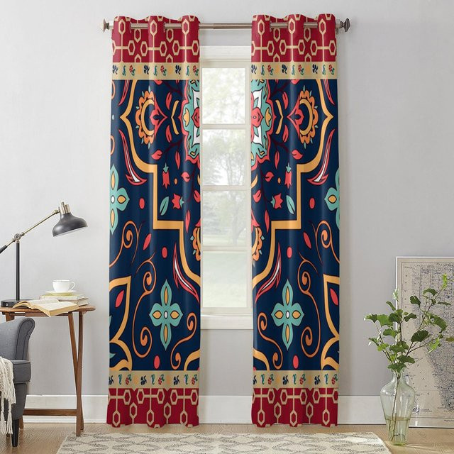 Retro-Fenstervorhang mit türkisch-persischem Muster in Blau, semi-transparent, Breite: 135 cm, Höhe: 60 cm - Bild 1