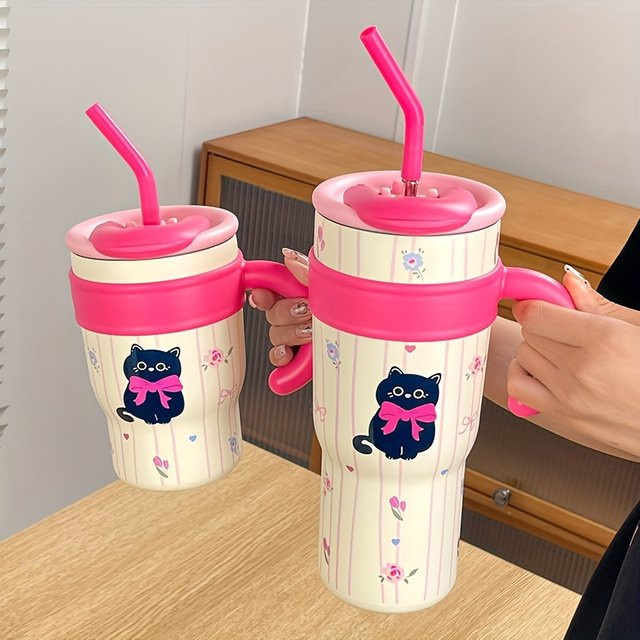 VRIUKNT Katzen-Thermobecher in Blau mit Griff und Strohhalm, tragbarer Outdoor-Reisebecher mit großer Kapazität (700 ml oder 1200 ml) - Bild 1