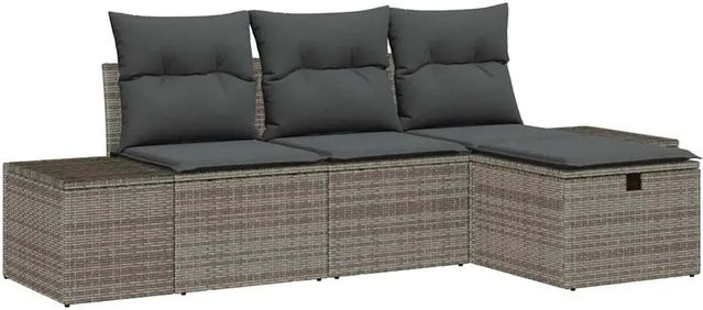 vidaXL Garten-Sofa-Set 4-teilig in Grau mit Polstern und Ottoman aus Poly-Rattan und Metall - Bild 1