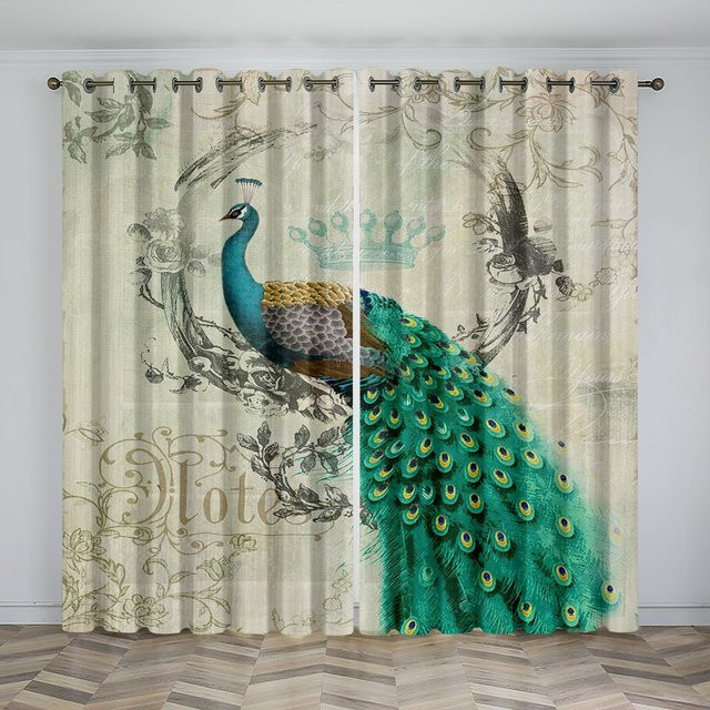 Verdunkelungsvorhänge mit Pfauenblau Feder-Tier-Motiv, 2er-Set aus Polyester mit Ösen, Farbe: Blau, Breite: 75 cm, Höhe: 166 cm - Bild 1