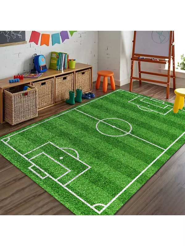 Rutschfester Spielteppich für Kinder von Potdemiel mit Sportmotiven wie Rennstrecke, Basketballplatz und Fußballfeld in Grün - Bild 3