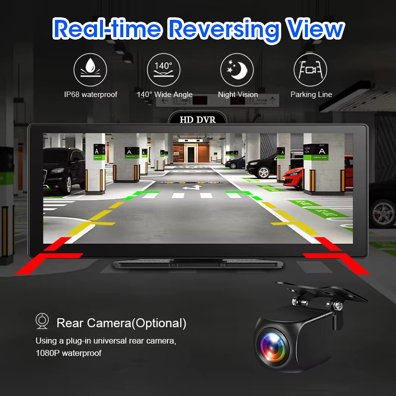 Jansite 4K Dash Cam DVR mit 10,26 Zoll Display, Wireless CarPlay & Android Auto, GPS Navigation und Multimedia Player in Schwarz - Bild 3