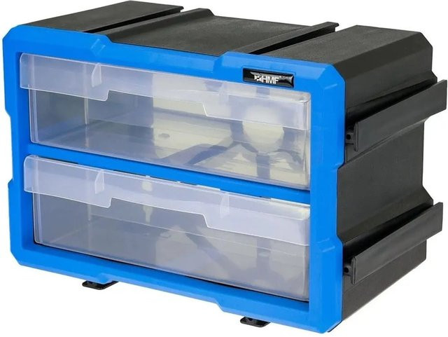 HMF STK200-01-05 Sortierbox für Kleinteile mit 2 Schubladen und 4 Fächern, erweiterbarer Sortimentskasten für Schrauben und Werkzeug, transparent/blau, B/T/H: 29,5 x 19,5 x 16 cm - Bild 1