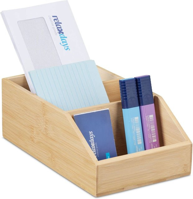 Relaxdays Schreibtisch Organizer aus Bambus in Natur mit 3 Fächern, B/T/H: 25,5 x 15,5 x 9,0 cm - Bild 1