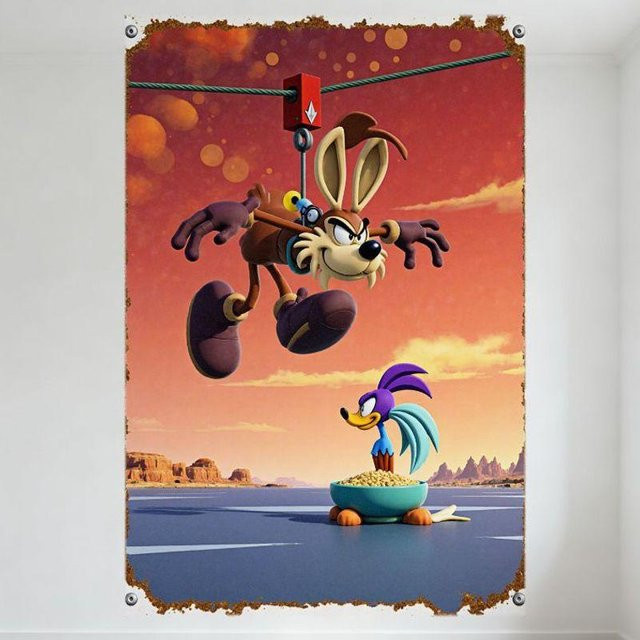 ZX ART Vintage Retro Cartoon Metallblechschild Kojote und Vogel Wüstenlandschaft Wanddeko B: 30 cm, H: 20 cm - Bild 1