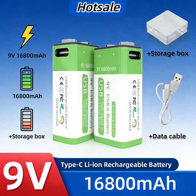 SCRCEO Wiederaufladbarer 9V Li-Ionen-Akku mit Typ-C-Anschluss, 16800 mAh, Grün - Bild 1