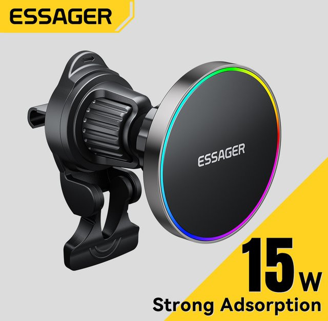 Essager RGB Magnetischer Autotelefonhalter mit 15W Qi Drahtlosem Ladegerät für iPhone 16 15 14 13 Pro und Magsafe kompatible Smartphones, Schwarz - Bild 1