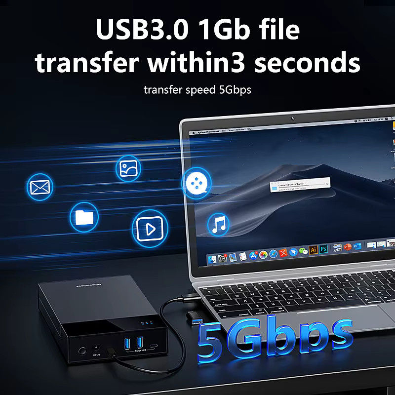 Kebidu Externes Festplattengehäuse USB 3.0 mit HUB für 2,5 und 3,5 Zoll SATA HDD/SSD bis 20 TB, Schwarz - Bild 2