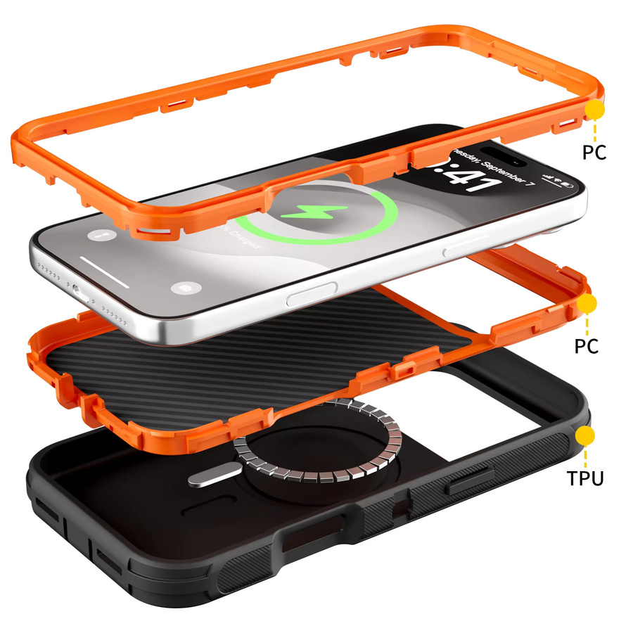 Armor OTT Defender Box Magnetische Hülle für iPhone 18 Pro Max 17 Air 16 15 14 13 12 mit MagSafe und Clip, Schwarz-Orange - Bild 2