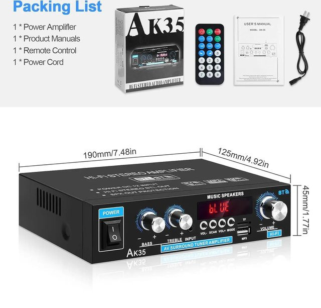 Meiteai-All AK35 Digitaler Stereo-Verstärker in Schwarz mit 800W Leistung, 2-Kanal Bluetooth 5.0, FM-Radio, USB und Fernbedienung - Bild 1