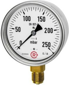 Riegler Kapselfedermanometer aus Edelstahl, G 1/2 radial unten, Messbereich 0 - 250 mbar, Durchmesser 100 mm, Farbe Silber, Artikelnummer 6816-R - Bild 1