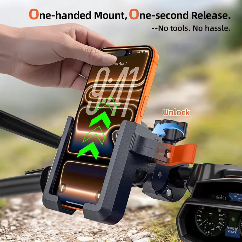 Vibrationsdämpfende Motorrad-Handyhalterung in Schwarz mit Anti-Shake Funktion und Sicherheitsverschluss für Fahrrad, E-Bike und Roller - Bild 4