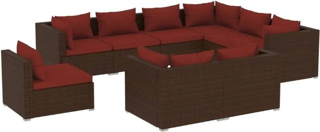 vidaXL 9-teiliges Garten-Lounge-Set in L-Form aus Poly-Rattan mit Kissen in Braun und Rot - Bild 1