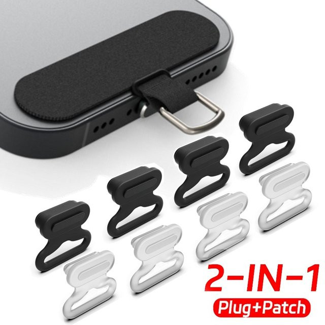 2-in-1 USB-C Ladeanschluss mit Anti-Verlust-Lanyard-Patches und Staubschutz für iPhone und Samsung in Schwarz - Bild 1