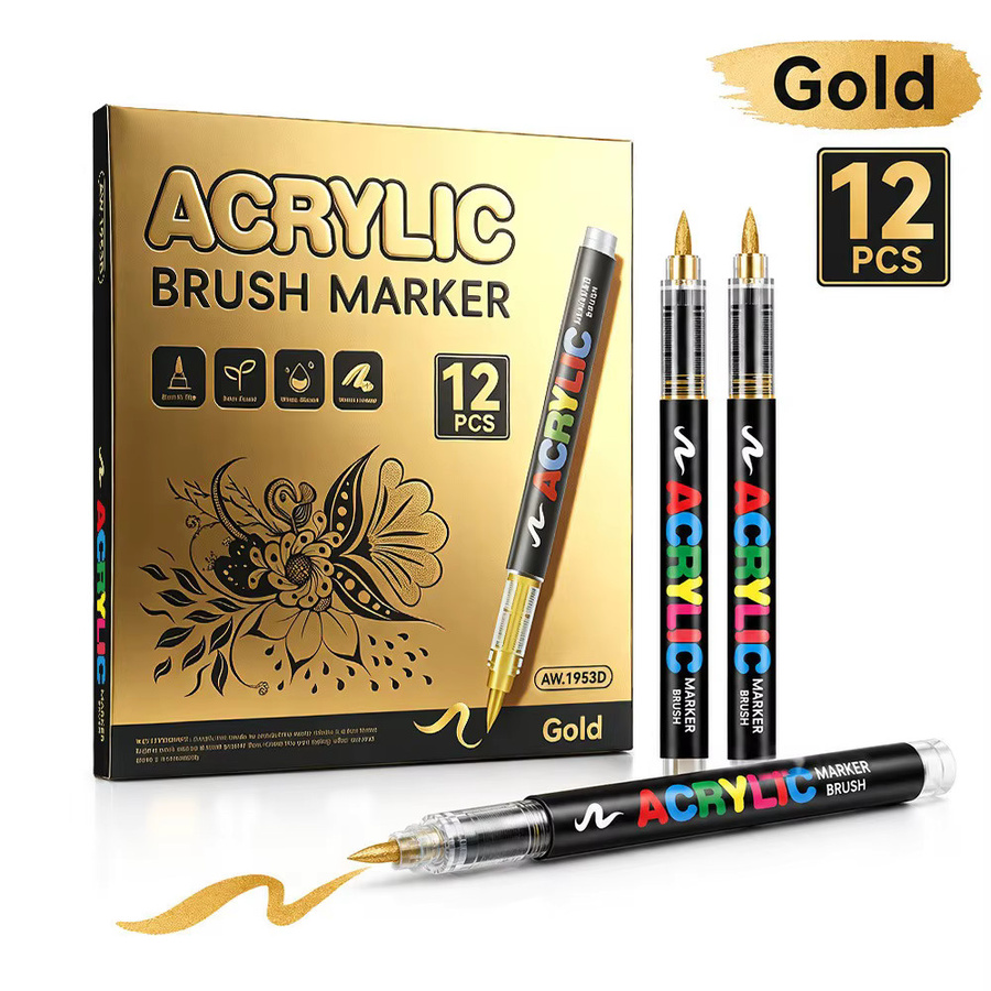 Hopk Acryl-Farbmarker Set mit 12 Farben inklusive Schwarz, Weiß, Gold und Silber als Pinselmarker für Kunstbedarf - Bild 4