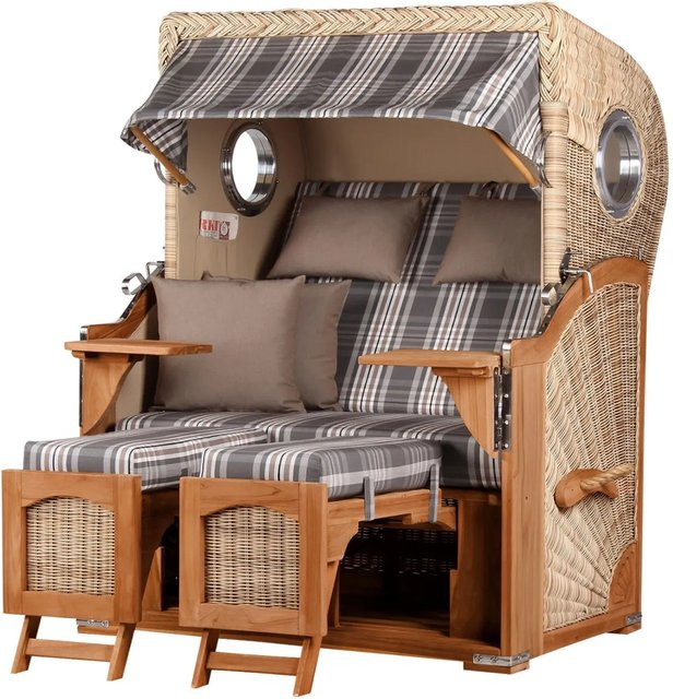 Bene Living Strandkorb Komplettset Ammersee Modell 522 aus Teakholz in Braun mit Bullauge und PE Shell - Bild 1