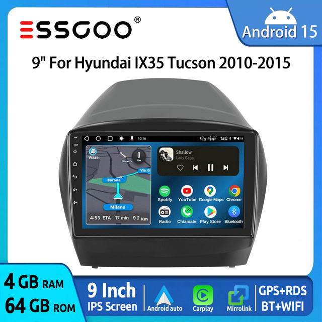 ESSGOO Android 15 Autoradio mit 9 Zoll Display für Hyundai Tucson ix35 2010-2015, 64GB, Schwarz, mit GPS, CarPlay, Android Auto, USB, Wi-Fi, Bluetooth und FM RDS - Bild 1