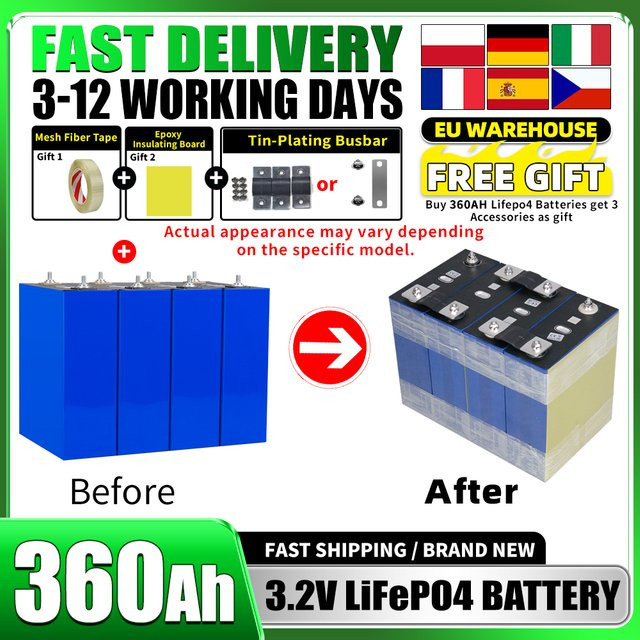 Futuraglow LiFePO4 Batterie 3,2V 360Ah Klasse A mit Zubehör für DIY 12V 24V 48V Anwendungen in Wohnmobilen, Elektrofahrzeugen und Heimenergiespeichern - Bild 1
