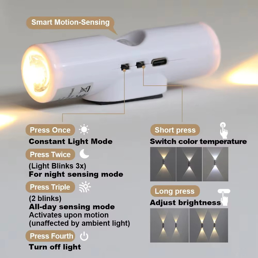4er Set UMEXUS Wiederaufladbare LED-Nachtlichter mit Bewegungssensor, Magnetische Wandlampe mit RGB Farbverlauf und Up-Down Effekt für Flur und Treppe, Weiß/Multicolor - Bild 6