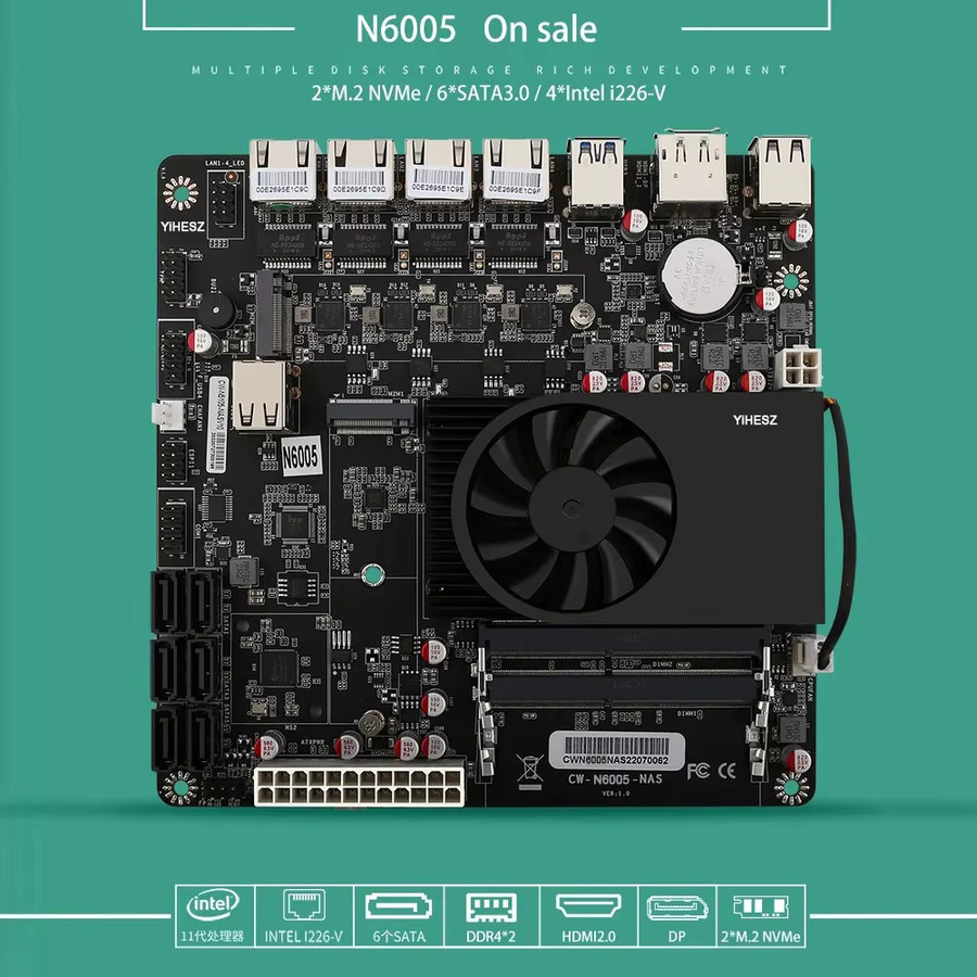 YiHESZ N6005 Industrie-Motherboard für NAS mit 4 Kernen, 4 Threads, 4x 2.5G i226 Netzwerk, 2x M.2 NVMe und 6x SATA in Schwarz - Bild 5