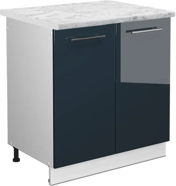 Vicco Spülenunterschrank Fame-Line Dunkelblau Hochglanz/Weiß mit Marmor-Optik, Breite: 80 cm - Bild 1