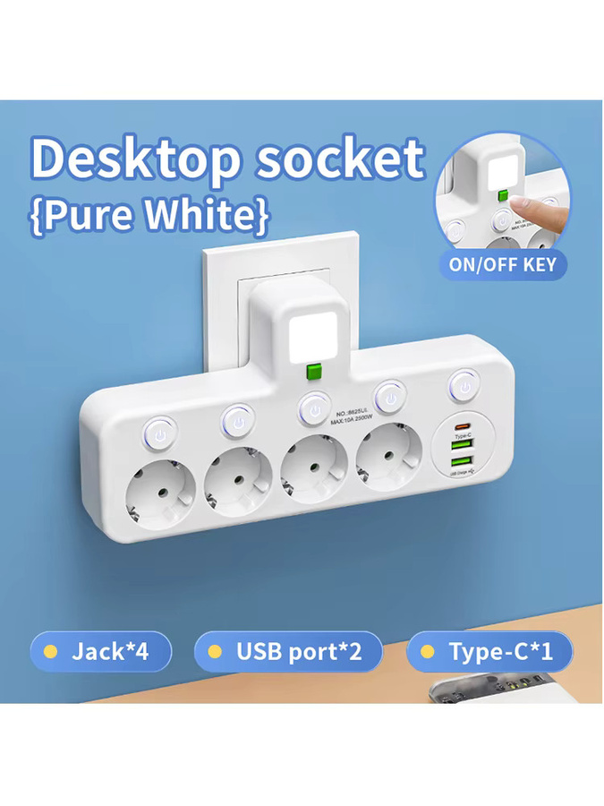 Szaoju 4-Wege EU-Wandsteckdosenleiste in Weiß mit 2 USB-A und 1 USB-C Ladeanschluss, 2500W Direktanschluss - Bild 5