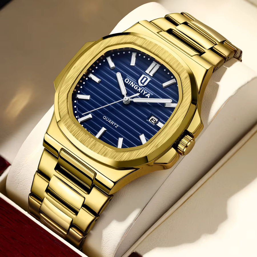 QINGXIYA Armbanduhr Quarz, Edelstahl, Gold, Eckig, Herren - Bild 2