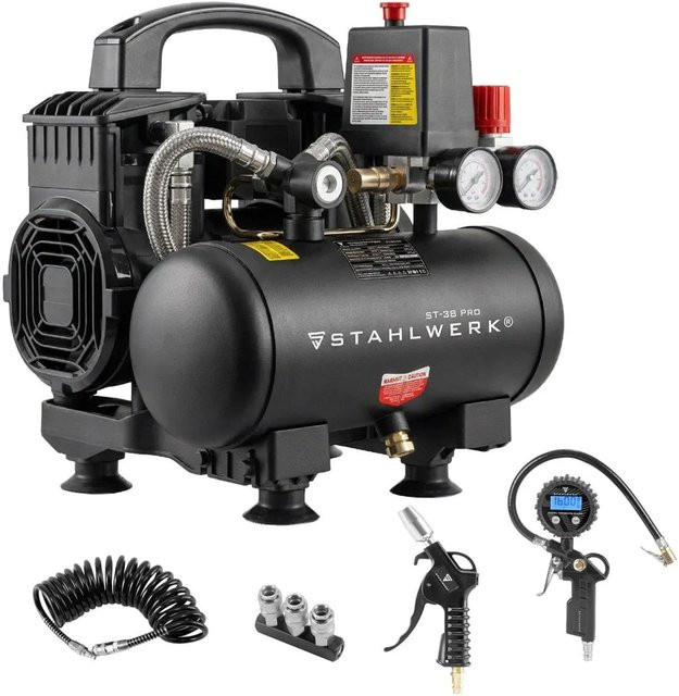STAHLWERK Kompressor ST-38 PRO Set, Ölfrei, Leise, Brushless, Schwarz, 3 l Tank, 8 Bar - Bild 1