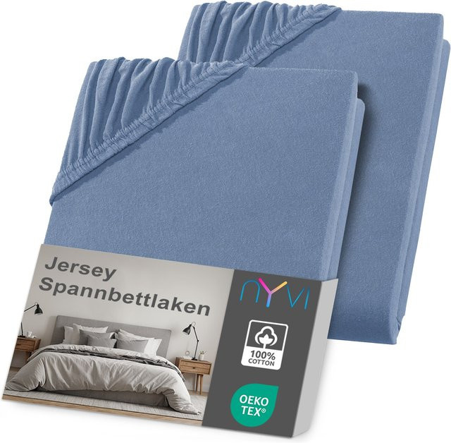 NYVI Jersey Spannbettlaken DreamScience 2er Pack, Farbe: Rauchblau, Größe: 90 x 200 cm, Matratzenhöhe bis 22 cm, bügelfrei und weich - Bild 1