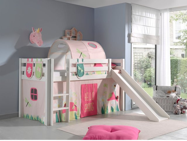 Vipack Spielbett Pino aus massiver Kiefer in Weiß mit Rutsche, Vorhang, Tunnel und 3 Taschen im Dessin Spring - Bild 1