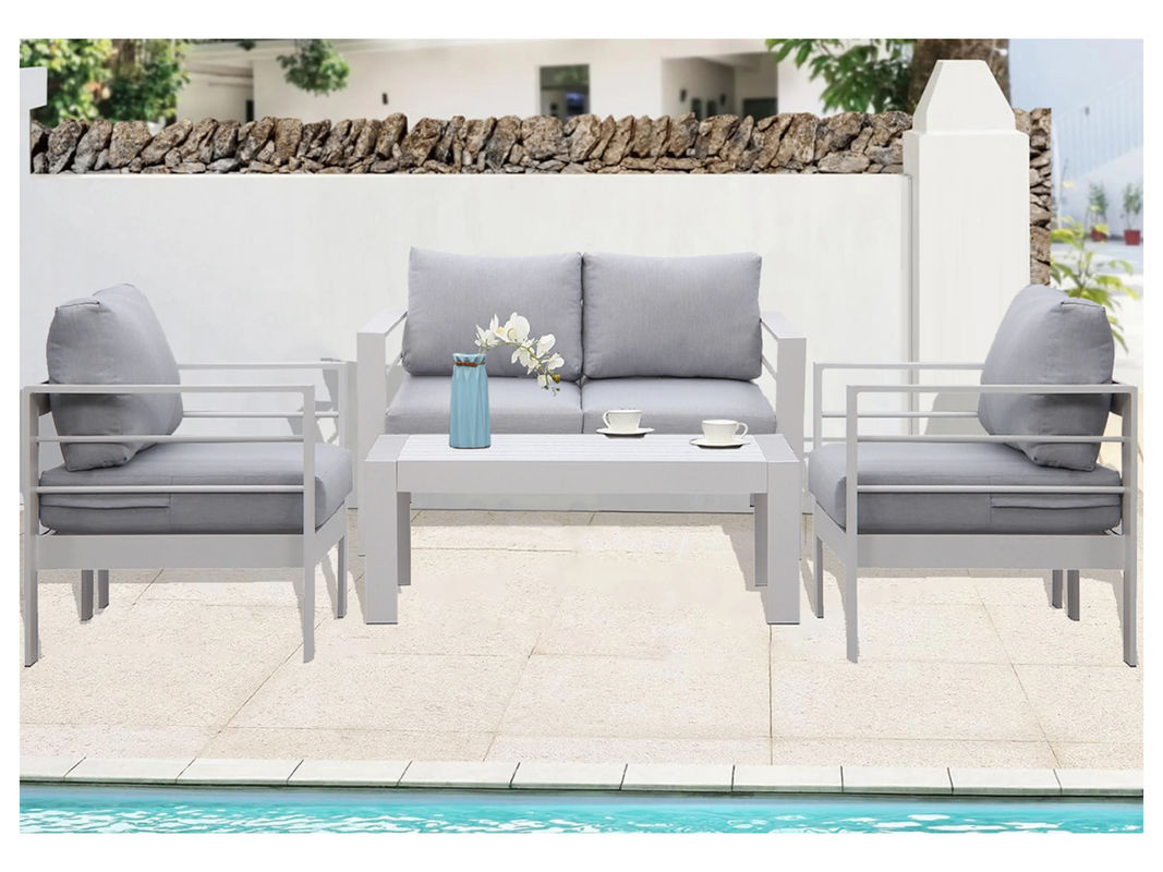 MEXO Gartenmöbel Lounge-Set Genua für 4 Personen aus Aluminium und WPC mit Polstern in Weiß und Hellgrau - Bild 2