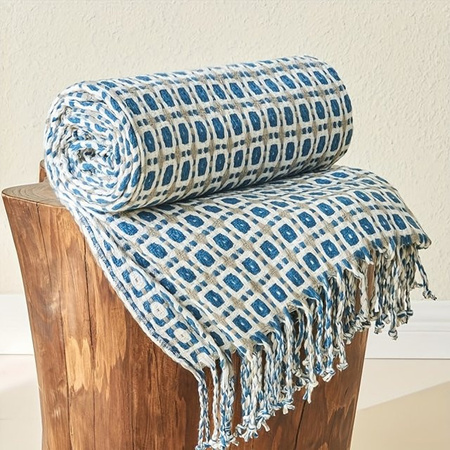Inyahome Stricküberwurf in Blau mit Karomuster und Quasten im Vintage-Stil, B/T: 172 x 127 cm