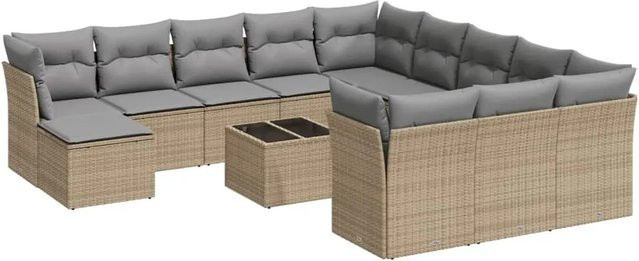 vidaXL 13-teilige Garten-Sofagarnitur in L-Form aus Poly Rattan und pulverbeschichtetem Stahl mit UV-beständigen Kissen in Beige-Grau - Bild 1