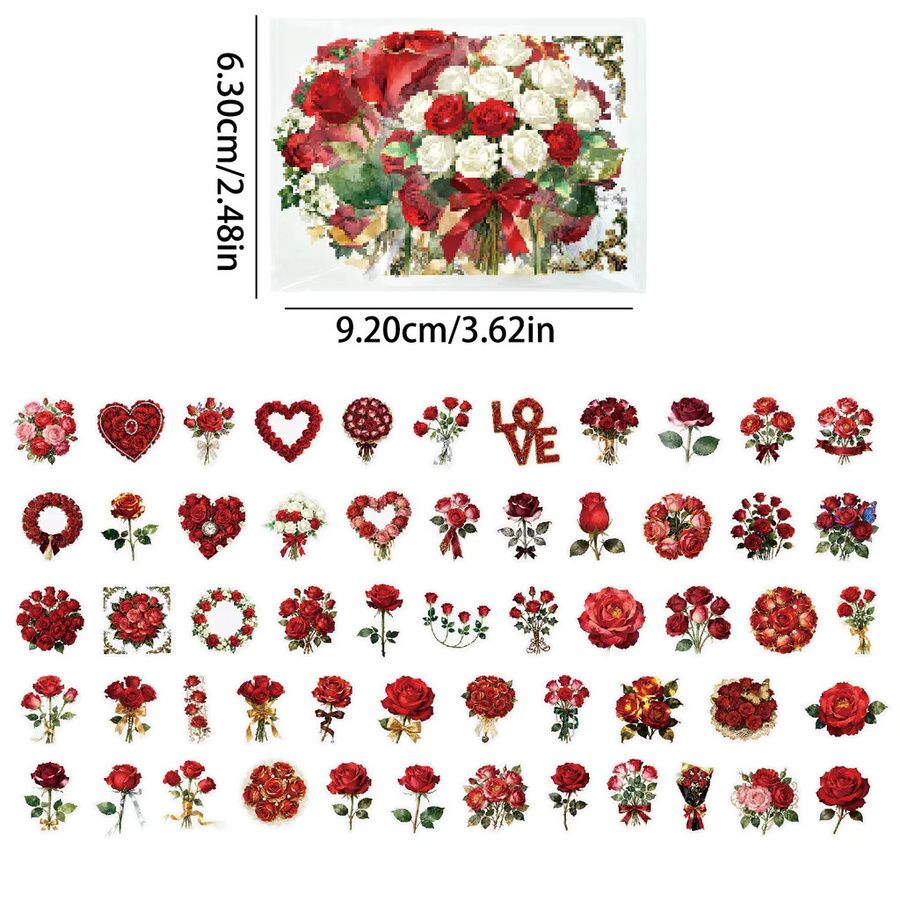 56 Stück Rote Rosen Blumenmuster Transparente PET-Aufkleber mit Herzförmigen Blumenstrauß-Stickern von Story Store - Bild 2