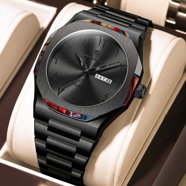 POEDAGAR Armbanduhr Quarz, Edelstahl, Schwarz, Silber, Herren - Bild 1