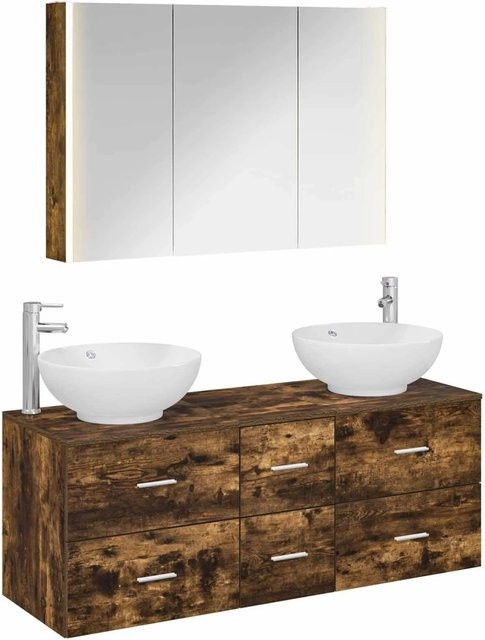 vidaXL Badezimmermöbel-Set 4-teilig aus geräuchertem Eichenholz in Braun mit LED-Beleuchtung und Spiegelschrank - Bild 1