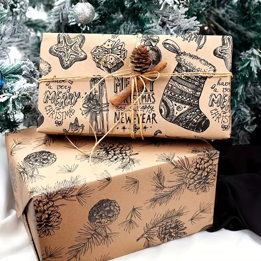 Weihnachts-Geschenkpapier mit Kiefernbaummuster in Braun, reißfeste Kraftpapier-Rolle für deine Weihnachtsdekoration - Bild 3