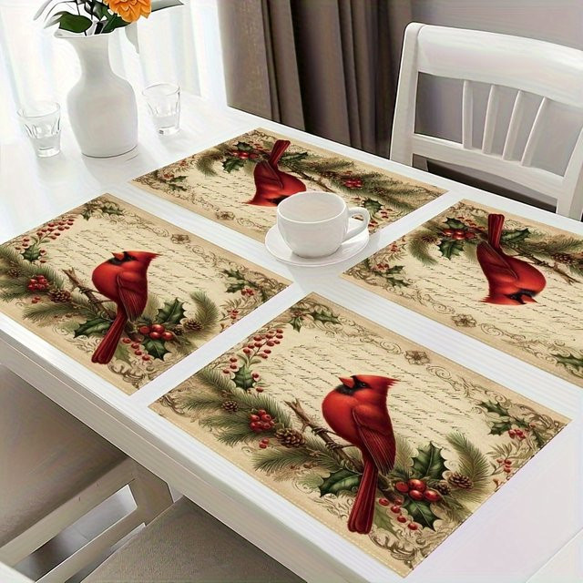 VIKAMA 4-teiliges Weihnachts-Tischset mit Robin, Stechpalme und Tannenzweig Muster in Multicolour im Vintage-Design - Bild 1