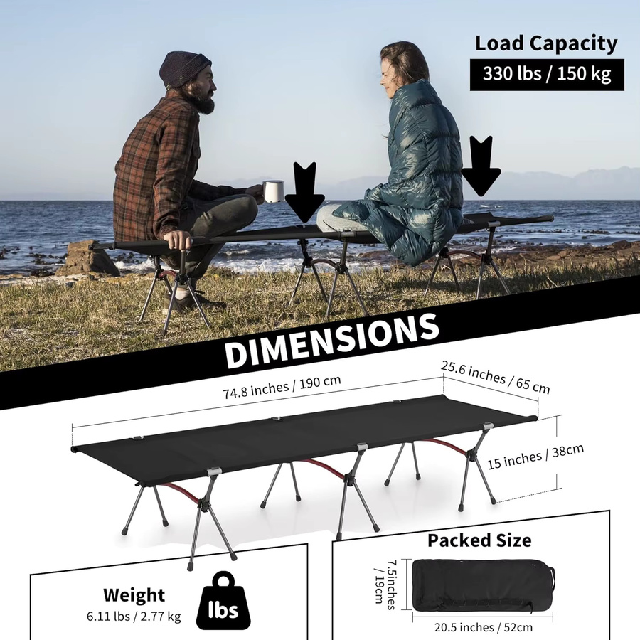Klappbares Campingbett für Erwachsene von AZULBLANCO in Schwarz mit Metallrahmen und Outdoor-Stoff - Bild 5