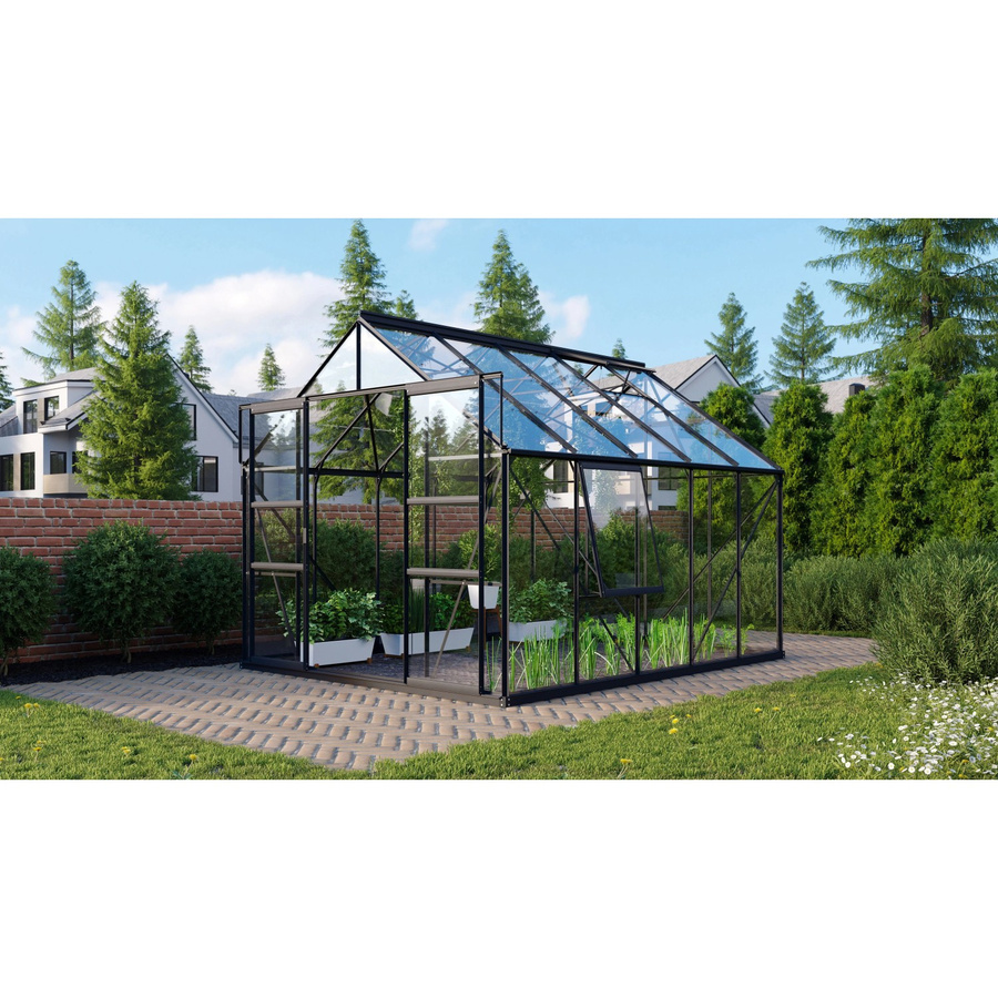 Vitavia Gewächshaus Meridian 2 mit Sicherheitsglas und Aluminiumrahmen in Schwarz inklusive Vorzugsset mit Doppelschiebetür, Dachfenstern, Seitenfenster und Regenrinnen - Bild 2