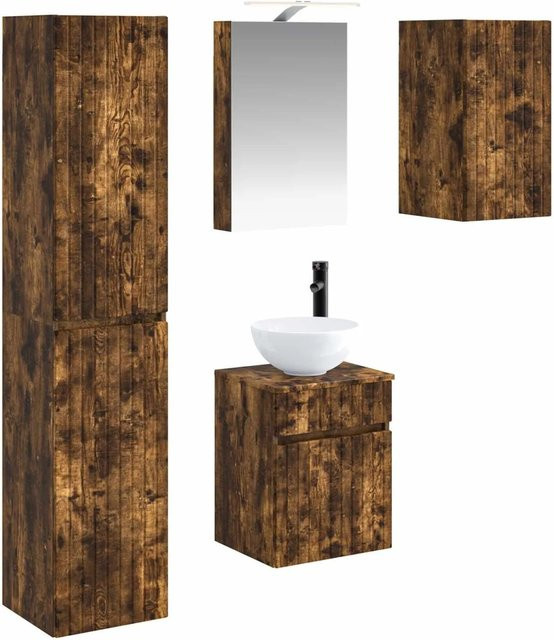 vidaXL Badezimmerschrank-Set aus Holz in Geräucherte Eiche, 5-teiliges modernes Set mit Waschtischunterschrank, Spiegelschrank mit LED-Beleuchtung und Wandunterschränken, Braun Matt - Bild 1