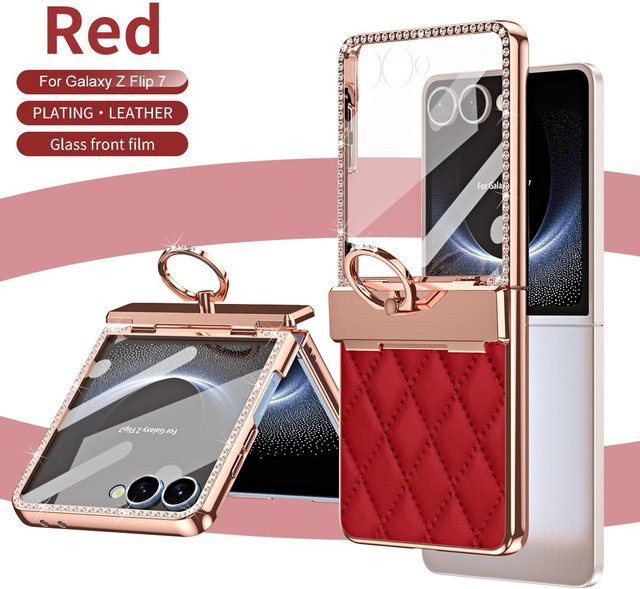 Samsung Galaxy Z Flip 7 Handyhülle aus texturiertem Leder mit Glitzer-Diamant-Effekt und Ring-Aufhängung in Rot - Bild 1