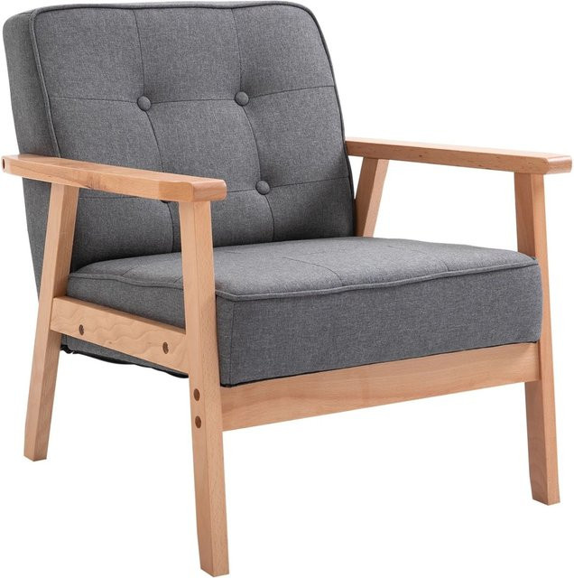 HOMCOM Polsterstuhl mit Armlehnen in Grau, Loungesessel im nordischen Design mit Holzrahmen aus Buchenholz und Leinen, B/T/H: 64,5 x 70 x 74 cm - Bild 1