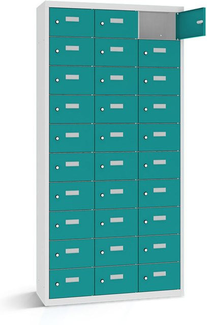 rotstahl Wertfachschrank mit 30 Fächern und Tür, Farbe Türkis, Korpus Lichtgrau, B/T/H: 117,5 x 50 x 180 cm - Bild 1