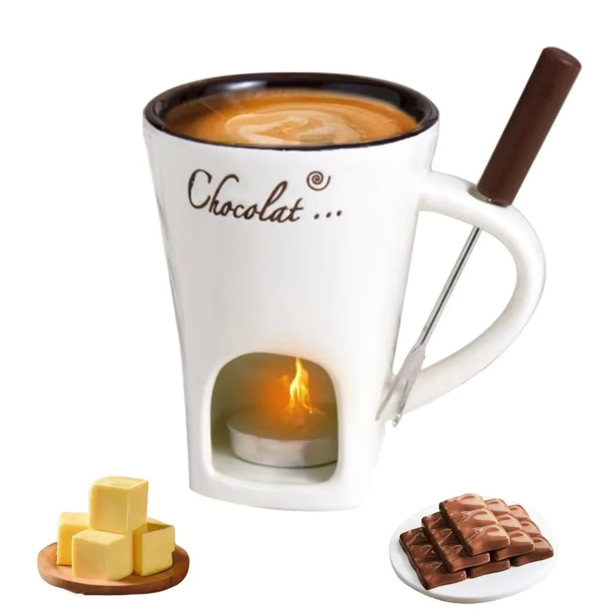 XMSJ Schokoladen-Fondue-Set aus Keramik in Rot inklusive Gabeln und Kerze - Bild 4