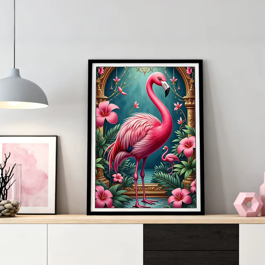 HUACAN Diamantmalerei Flamingo mit Blumen als 5D DIY Kunst Mosaik Wanddekoration, Mehrfarbig, Rund, B: 30,0 cm, H: 20,0 cm - Bild 2