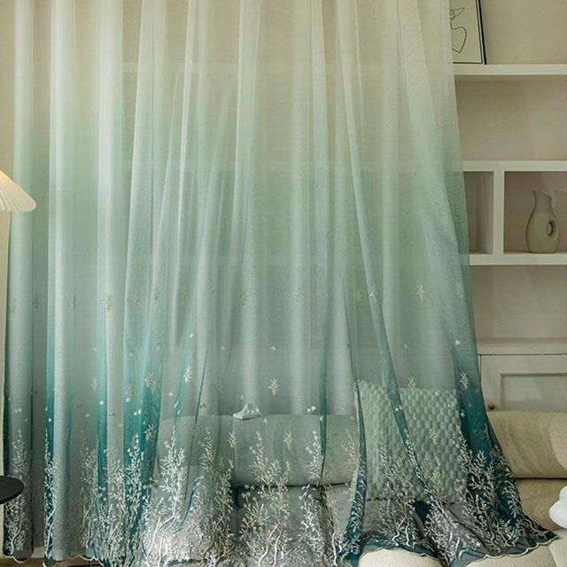CENTURyMiG Transparenter Vorhang mit floraler Stickerei und Farbverlauf in Blau, Skandinavisches Design, B: 100 cm, H: 200 cm - Bild 1