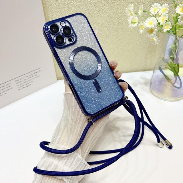 Magnetische Crossbody-Hülle mit Lanyard und Glitzer-Beschichtung für Samsung Galaxy S25 Ultra S24 FE S23 Ultra S22 S21 Plus A56 in Blau - Bild 1