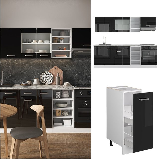 Vicco Küchenzeile R-Line Solid in Weiß und Schwarz mit Marmor-Arbeitsplatte, Breite: 240 cm - Bild 1
